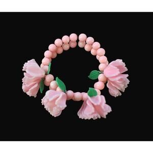 Vintage 50s Pink Celluloid Flower Green Leaves Double Strand Stretch Bracelet